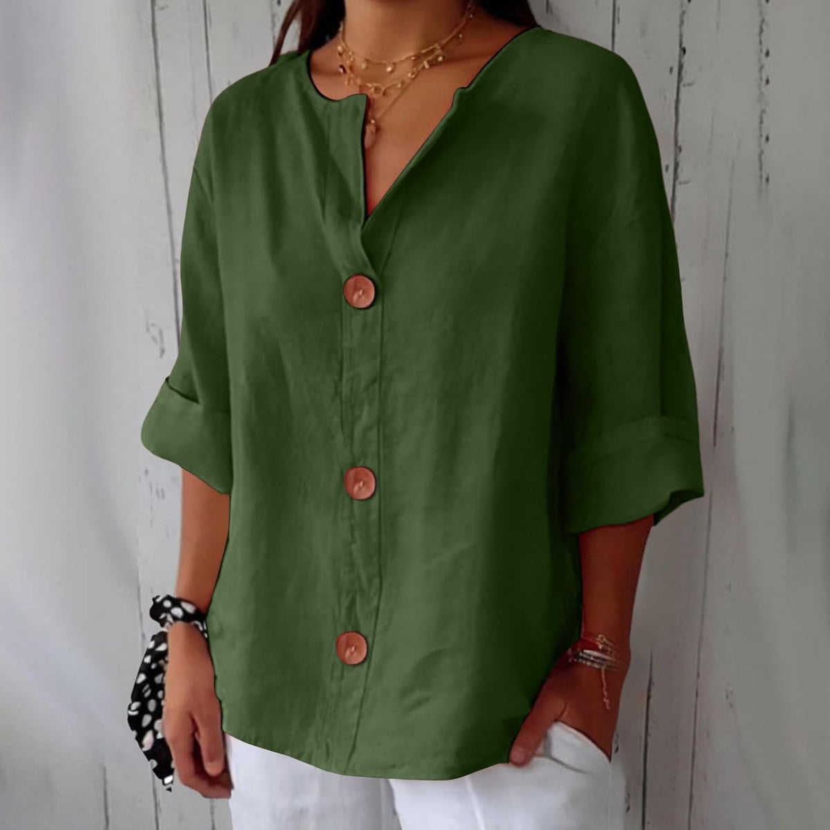 Maira – Cotton-Linen V-Neck Shirt with Wooden Buttons