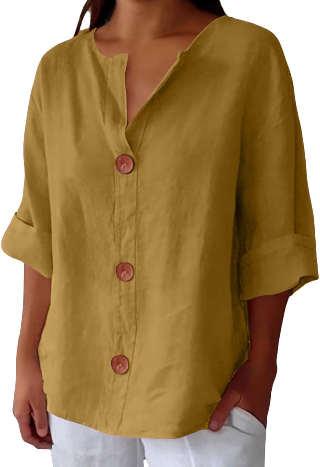 Maira – Cotton-Linen V-Neck Shirt with Wooden Buttons