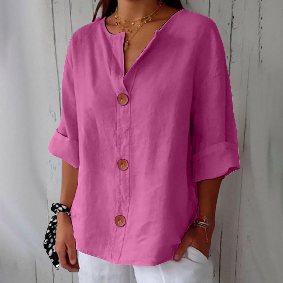 Maira – Cotton-Linen V-Neck Shirt with Wooden Buttons