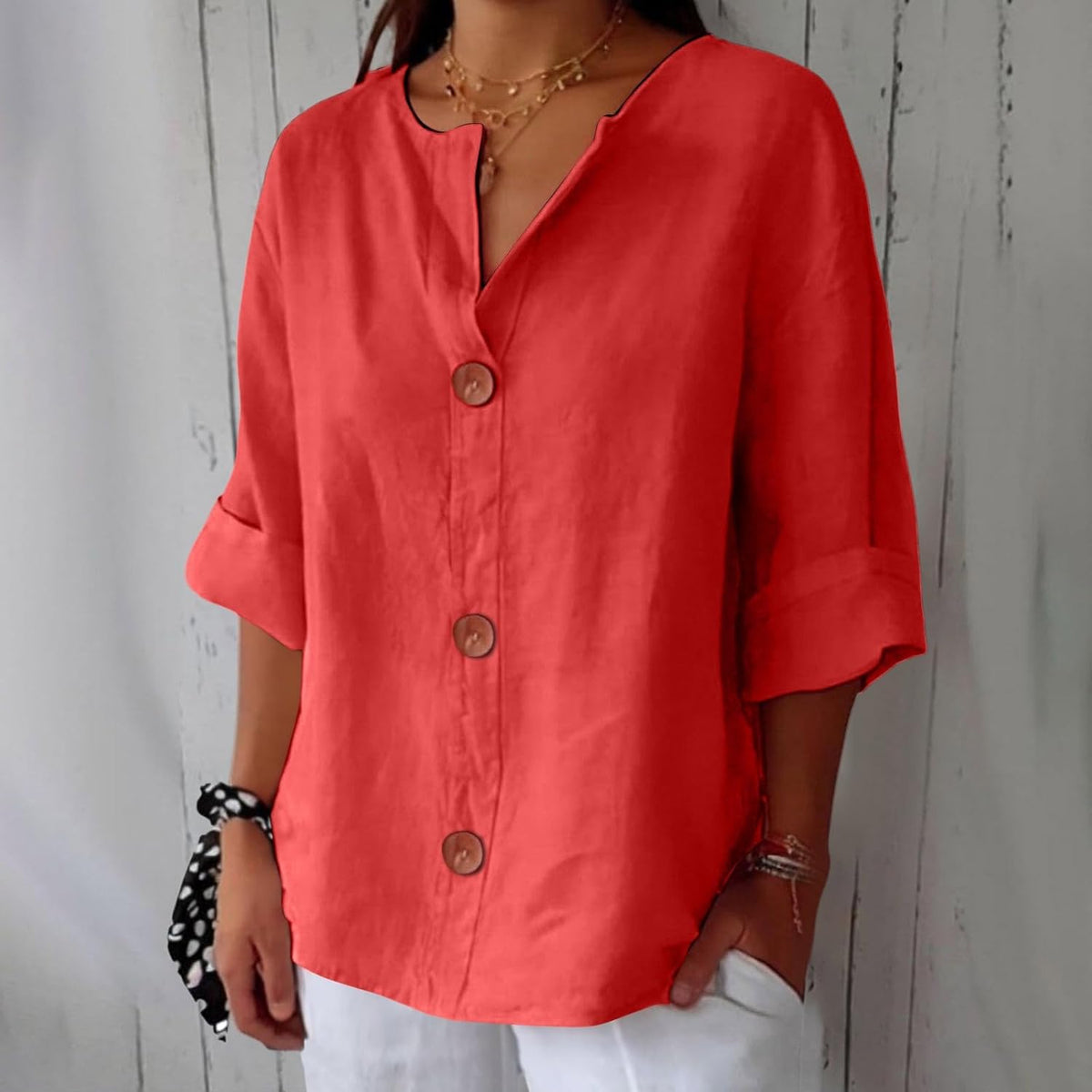 Maira – Cotton-Linen V-Neck Shirt with Wooden Buttons